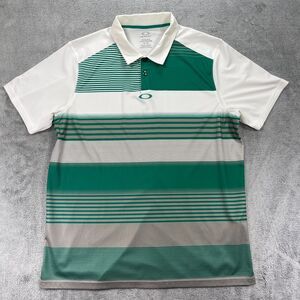 Oakley Hydrolix Polo Shirt Mens XL Green White Striped Golf Moisture-Wicking